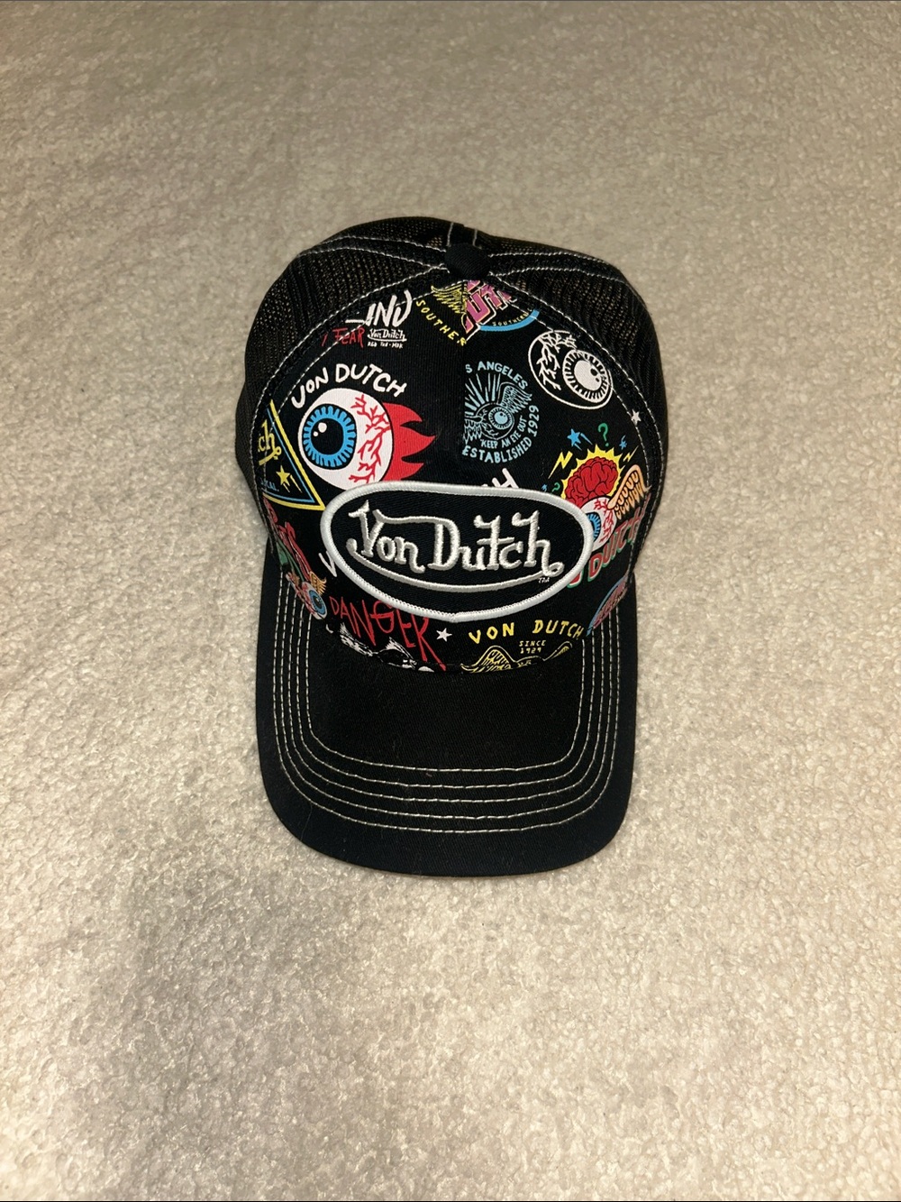 Von Dutch Black Trucker Cap with Multicolor Patchwork